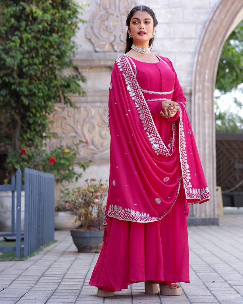 Rani Pink Embroidered Dupatta Anarkali Three Piece Suit