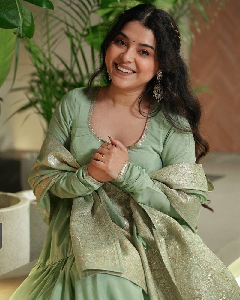 Pista Color Pure Chanderi Silk Frill Style Anarkali Suit