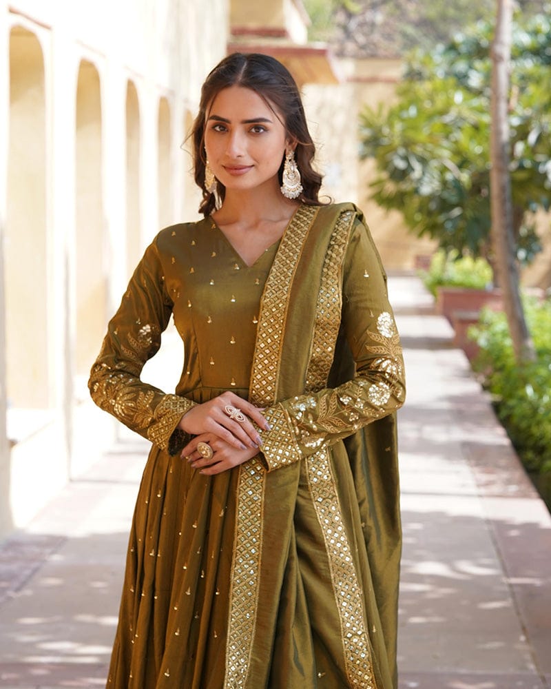 Designer Mehndi Color embroidered Viscose Cosmos Gown With Dupatta