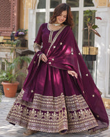 Wine Color Vichitra Shimmer Sequence Embroidered Gown