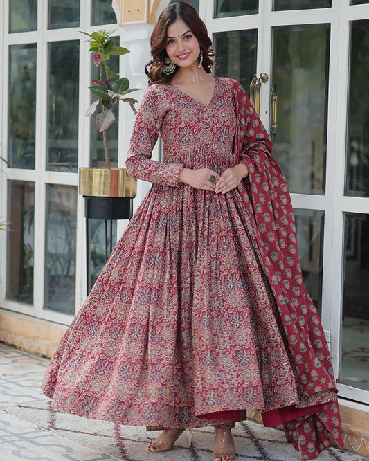 Premium Maroon Color Pure Cotton Kurti With Pant And Dupatta Set