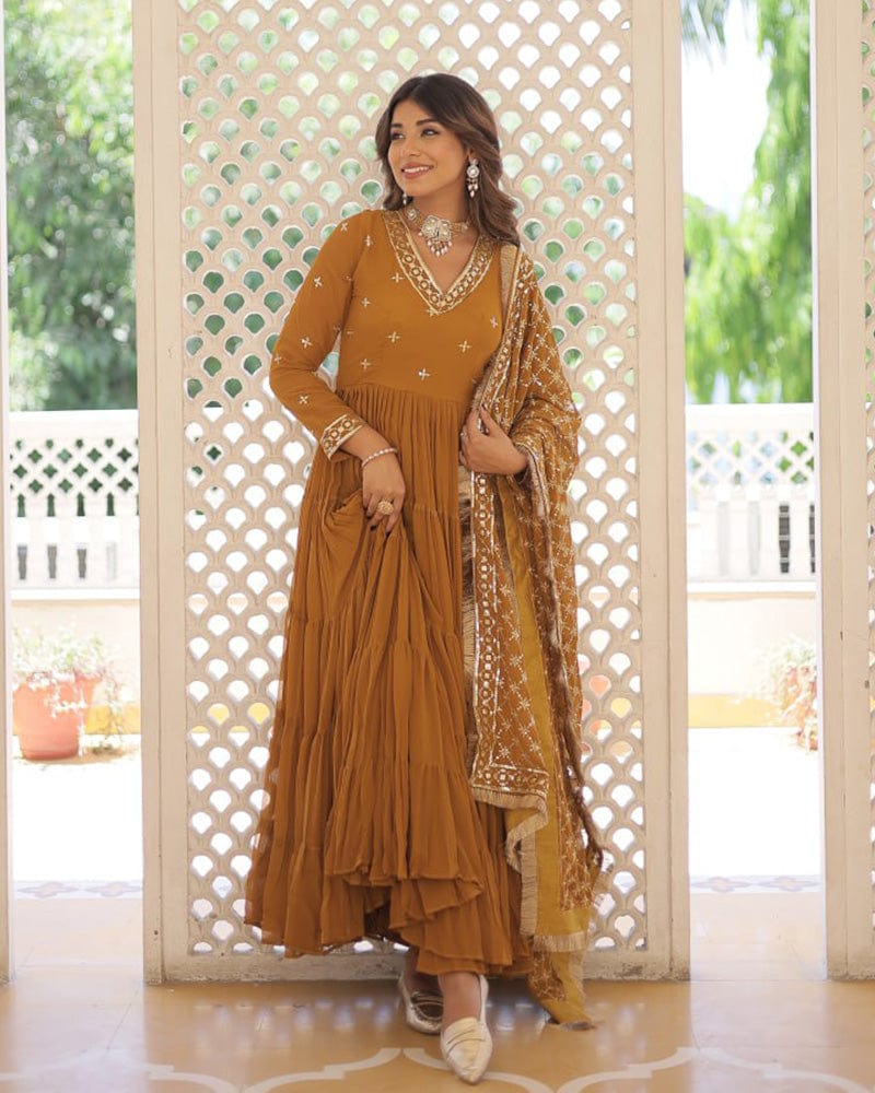 Mustard Color Faux Georgette Designer Anarkali Gown With Dupatta