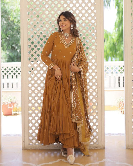 Mustard Color Faux Georgette Designer Anarkali Gown With Dupatta