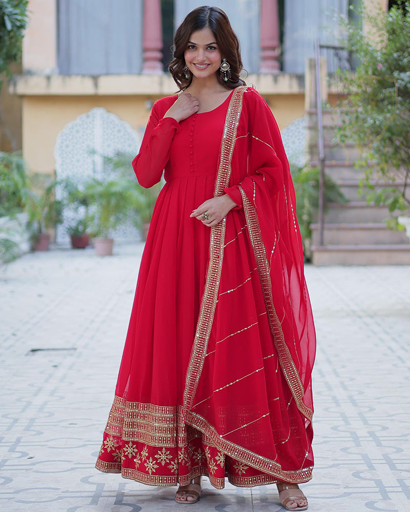 Exclusive Red Color Attractive Sequence Embroidery Work Gown