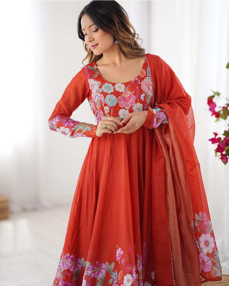 Rust Color Floral Print Organza Three Piece Anarkali Suit