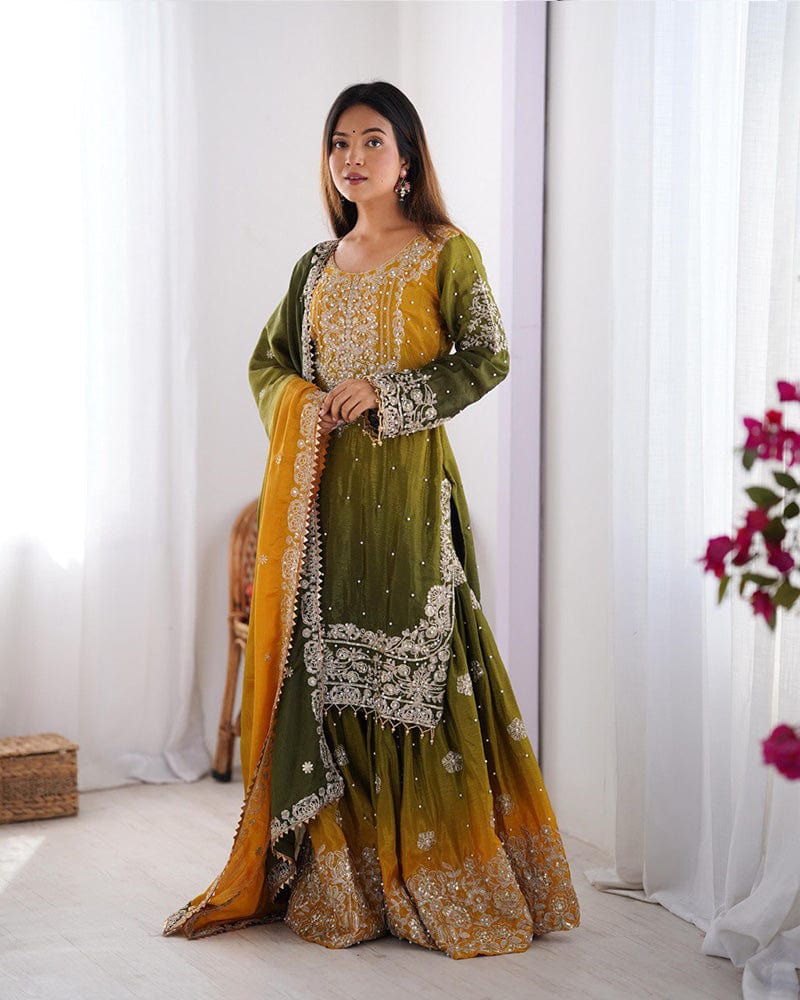 Mehndi Color Chinnon Sequence Work Plazzo Suit