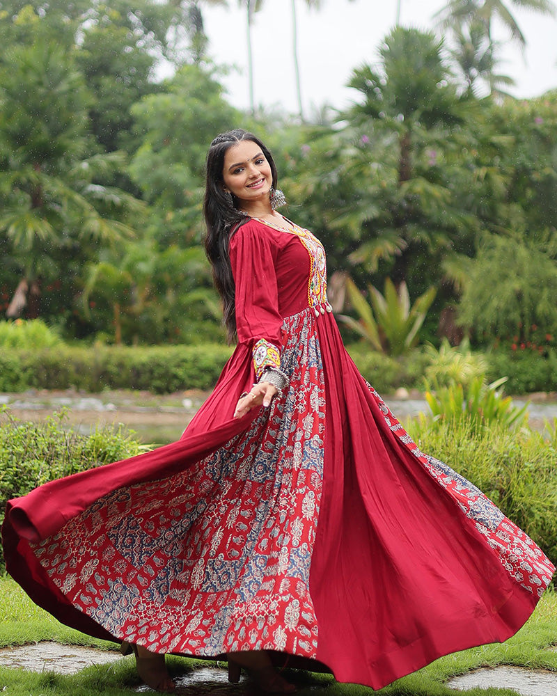 Maroon Color Rayon Gamthi Work Navratri Gown