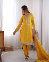 Yellow Color Chinon Silk Embroidered Three Piece Kurti Suit