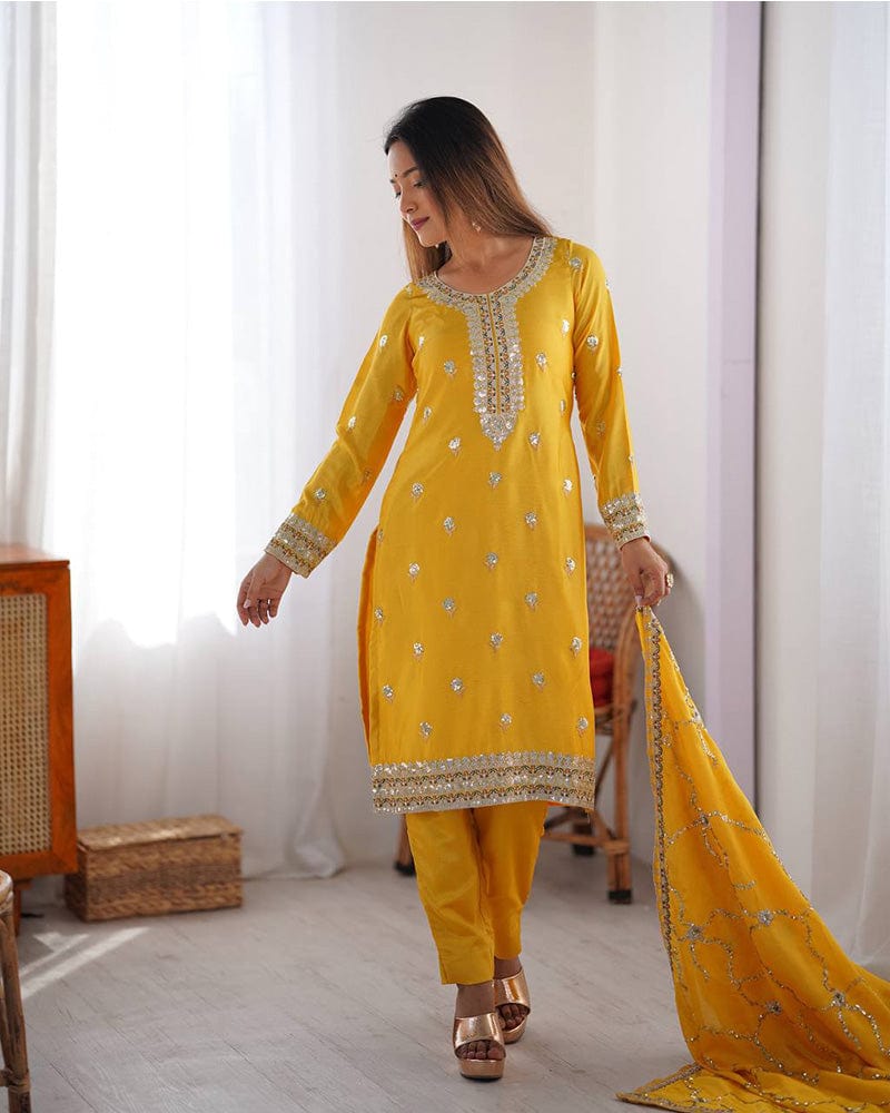 Yellow Color Chinon Silk Embroidered Three Piece Kurti Suit