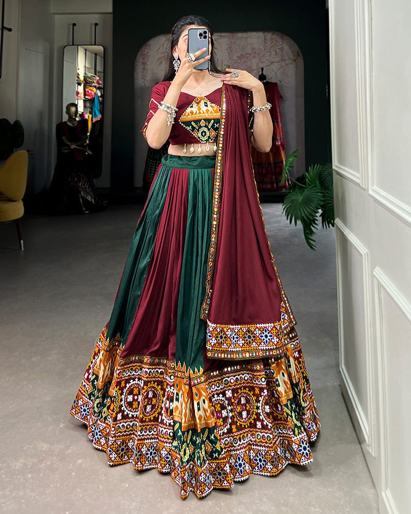 Green Color Rayon Printed Navratri Lehenga Choli