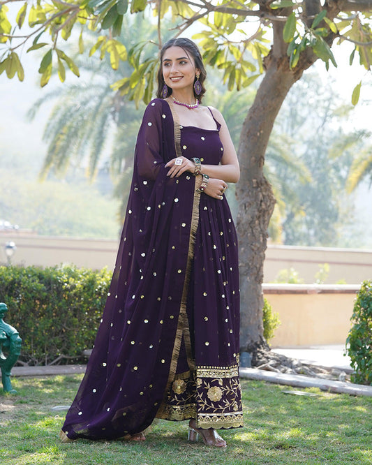 Designer Wine Color Blooming Sequence Embroidered work Gown