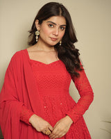 Red Color Georgette Lucknowi Three Piece Anarkali Suit