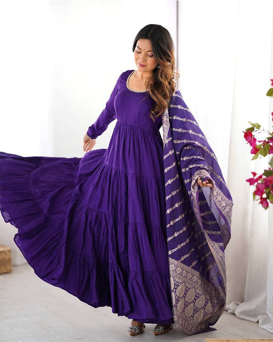 Purple Color Pure Roman Silk Ruffle Style Anarkali Suit