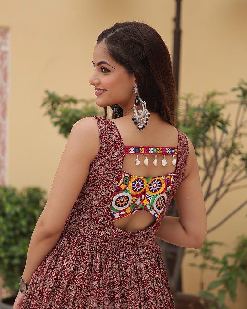 Maroon Color Cotton Printed Navratri Gown