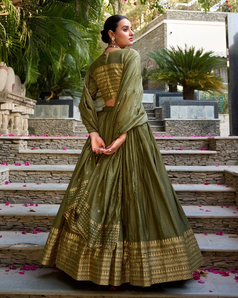Mehndi Color Pure Chanderi Plain Navratri Lehenga Choli