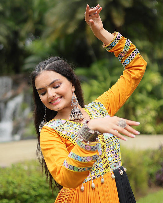 Mustard Color Reyon Gamthi Style Navratri Gown