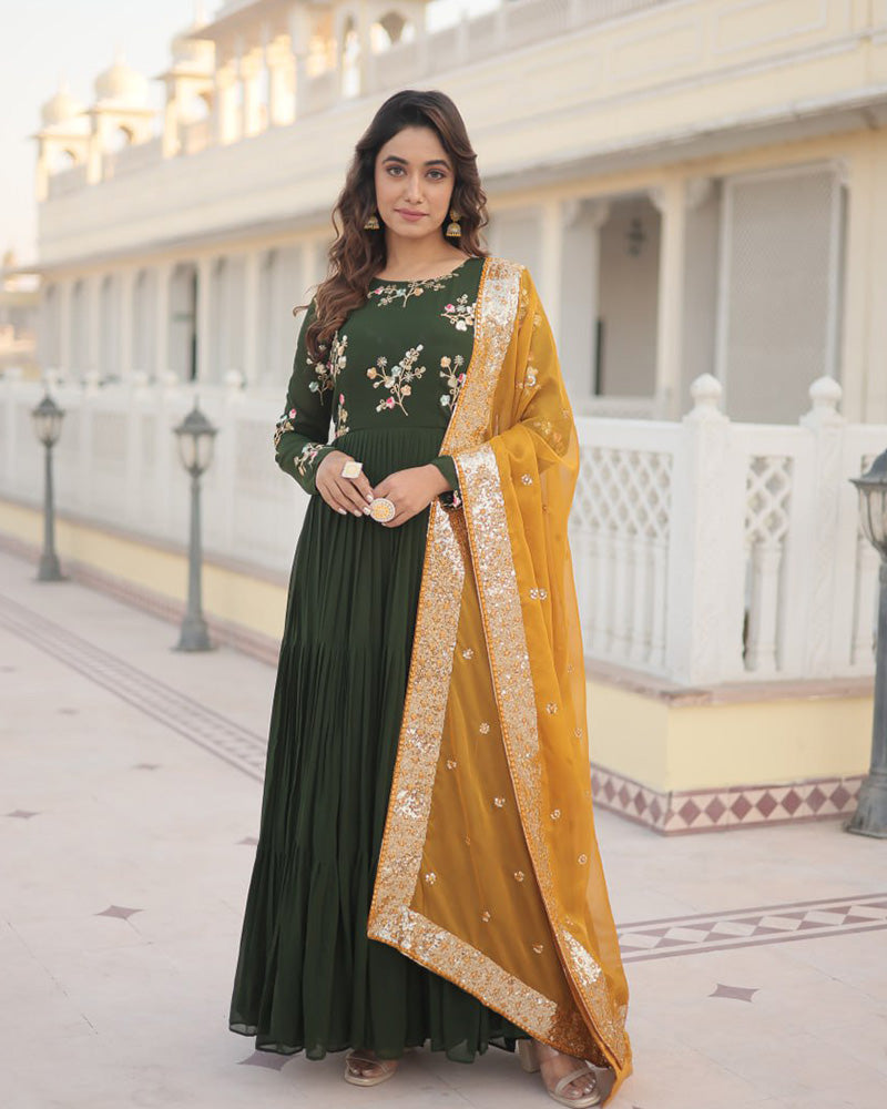 Mehndi Color Three layer Georgette Gown With Russian Silk Dupatta