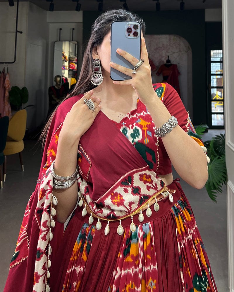 Off-White Color Rayon Silk Printed Fully Stitched Navratri Lehenga Choli