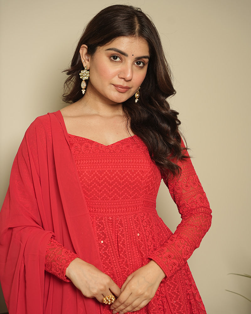 Red Color Georgette Lucknowi Three Piece Anarkali Suit