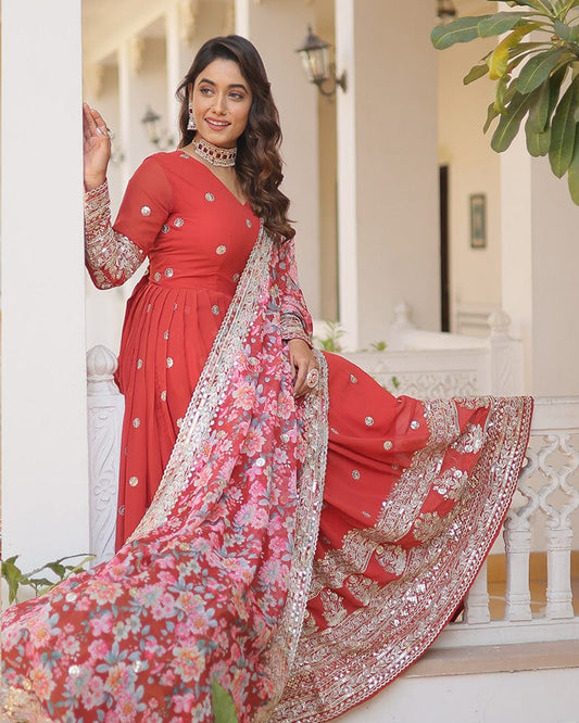 Red Color Faux Georgette Designer Gown With Dupatta