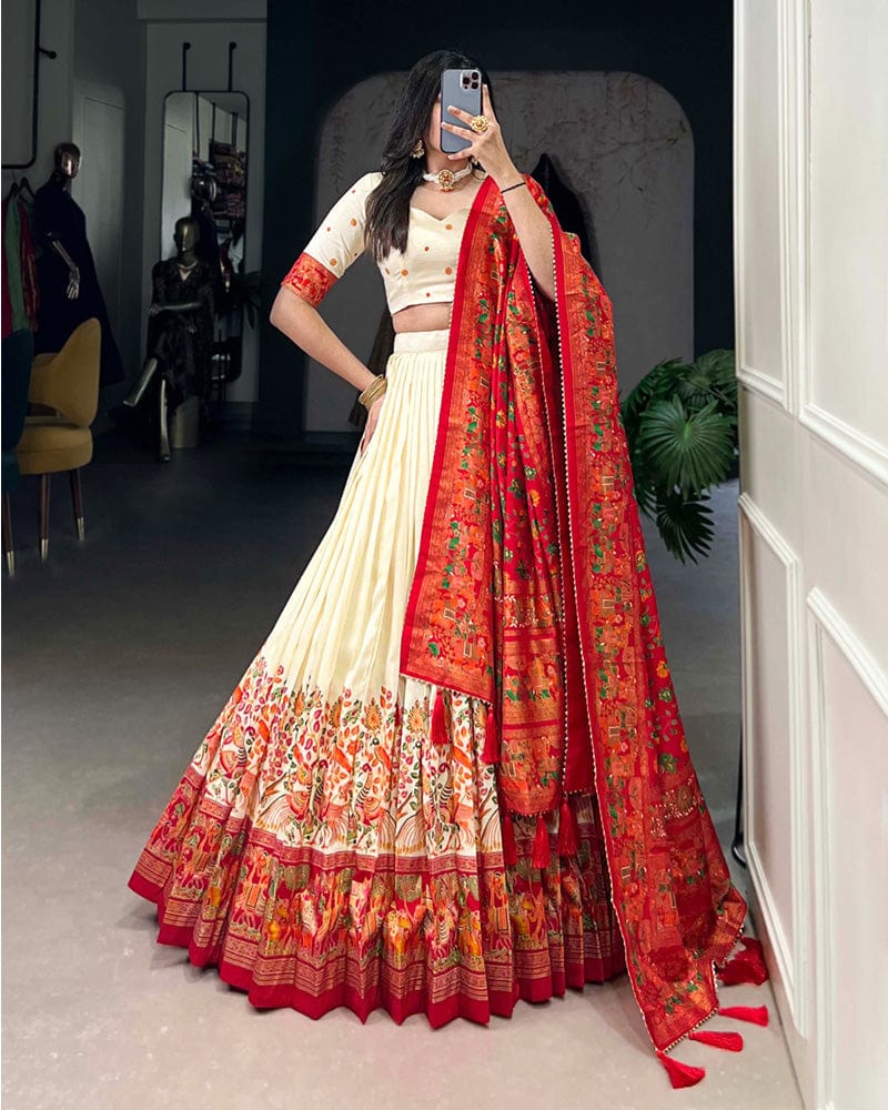 Off White Color Tussar Silk Printed With Foil Work Lehenga Choli