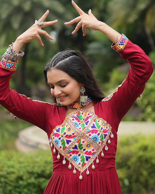 Maroon Color Reyon Gamthi Style Navratri Gown