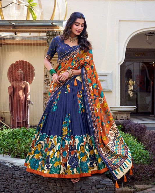 Navy Blue Color Tussar Silk Kalamkari Printed Lehenga Choli