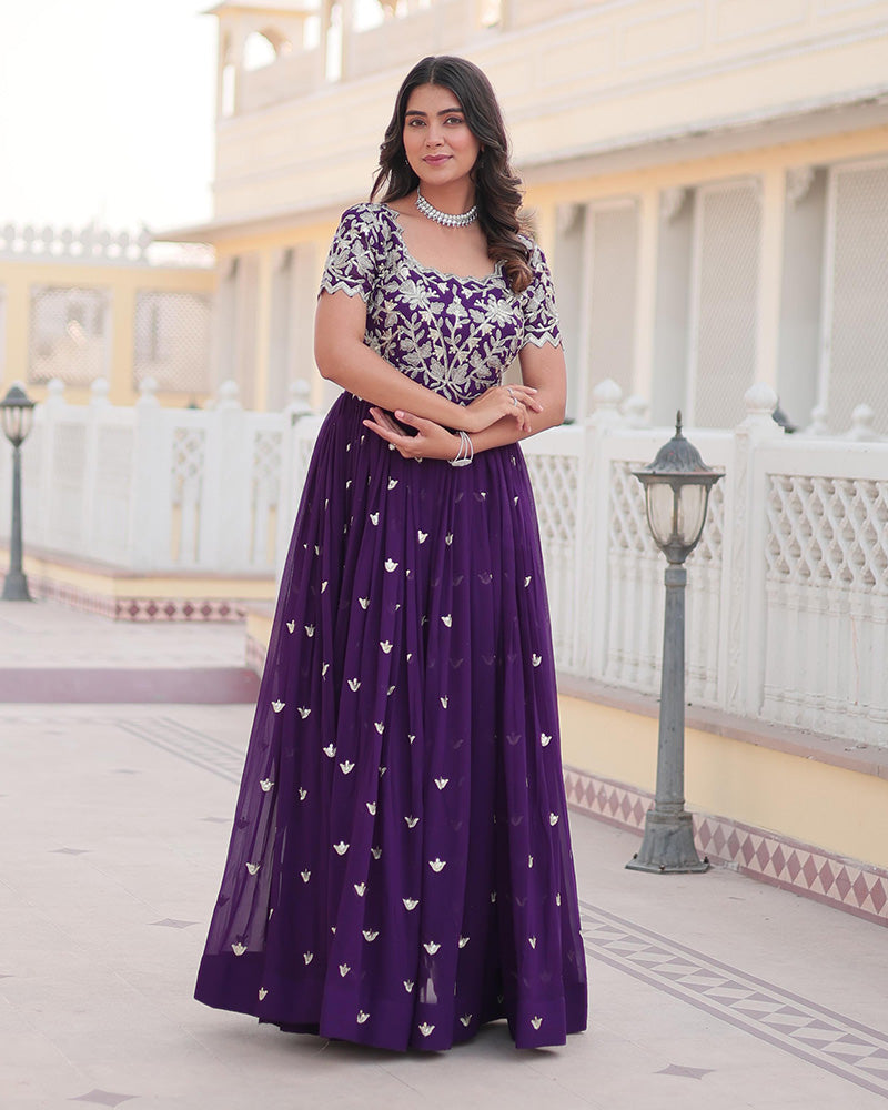 Purple Color Faux Blooming Sequins Embroidered Anarkali Gown