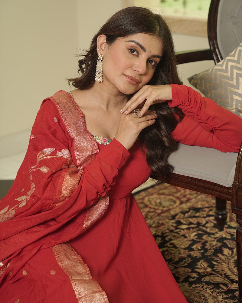 Red Color Georgette Anarkali With Dyable Jacquard Dupatta