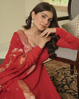 Red Color Georgette Anarkali With Dyable Jacquard Dupatta