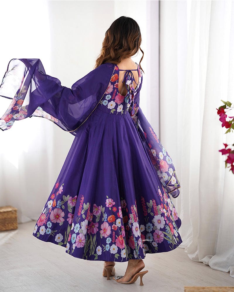 Purple Color Floral Print Organza Three Piece Anarkali Suit