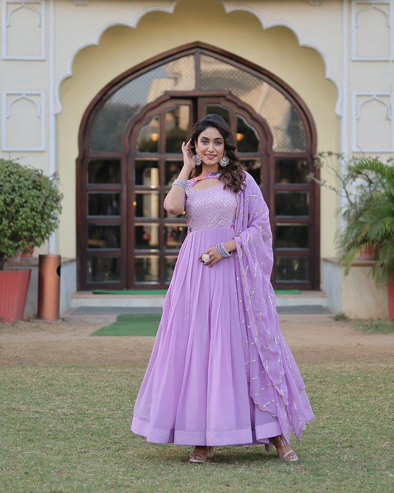 Lavender Color With Fancy Neck Faux Georgette Designer Anarkali Suit