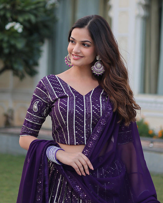 Designer Wine Color Faux Blooming Semi stitched Lehenga Choli