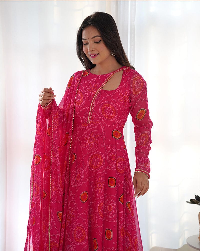 Pink Color Bandhej  Print Soft Chiffon Stylish Neck Three Piece Anarkali Gown
