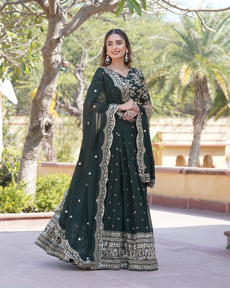 Wedding Wear Dark Green Color Designer Blooming Semi stitched Lehenga Choli