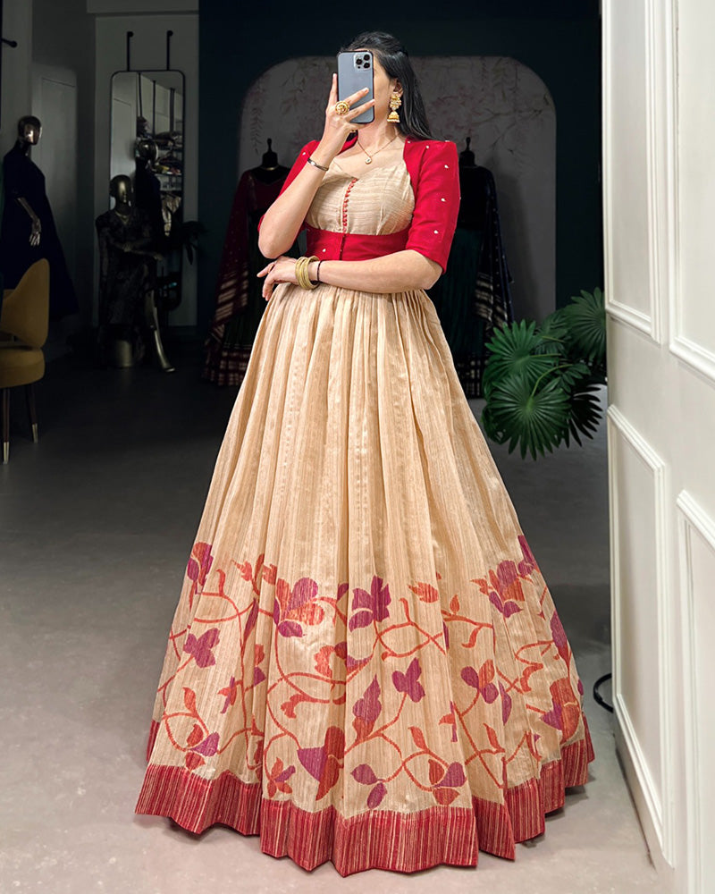 Maroon Color Green Silk Printed Gown With koti