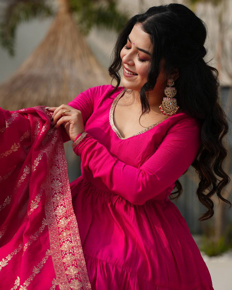 Rani Pink Color Pure Chanderi Silk Frill Style Anarkali Suit