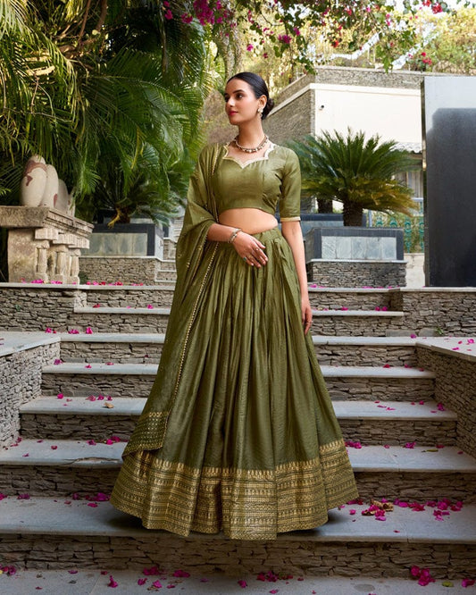 Mehndi Color Pure Chanderi Plain Navratri Lehenga Choli