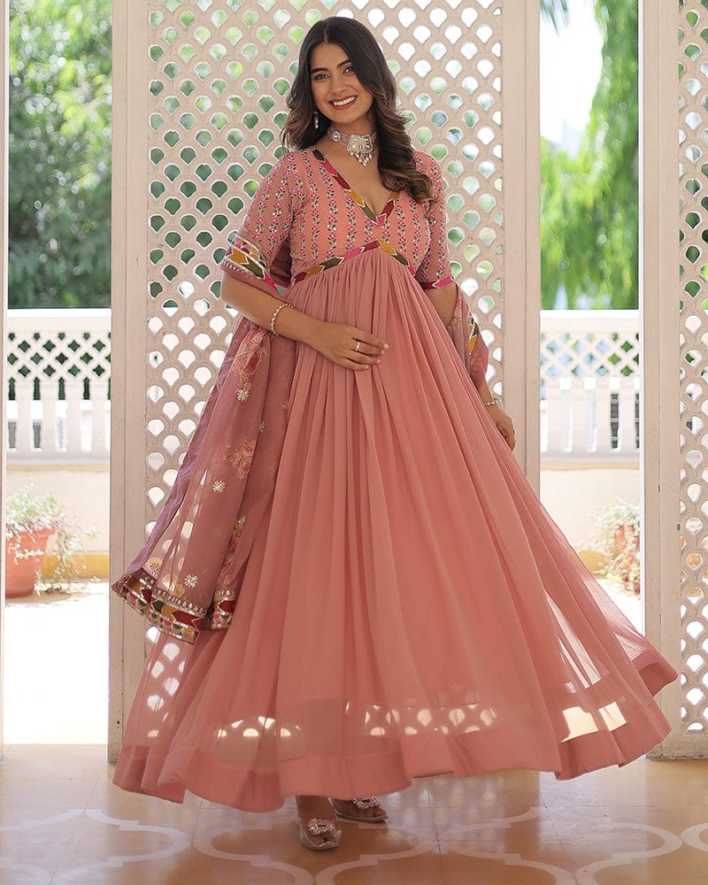 Peach Color Faux Georgette Alia Cut Gown With Dupatta