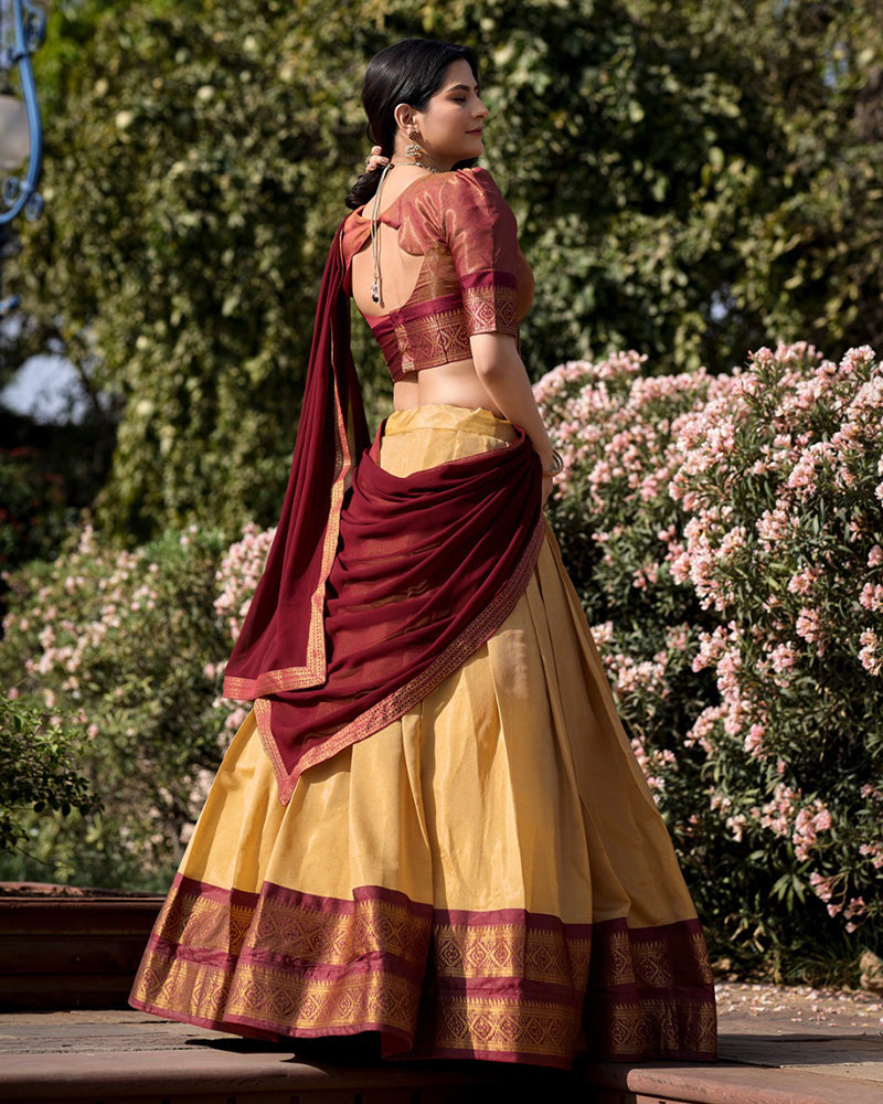 Cream Color Kanchipuram Silk Designer Lehenga Choli