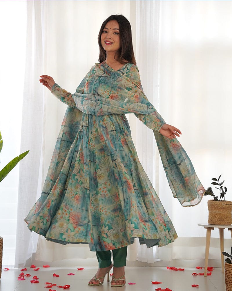Bottle Green Color Floral Print Organza Three Piece Anarkali Suit