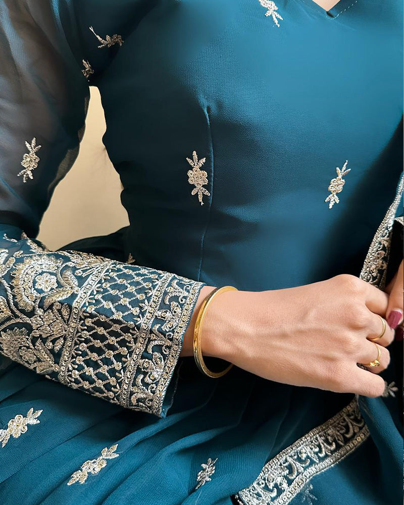 Rama Color Georgette Designer Anarkali Gown With Dupatta