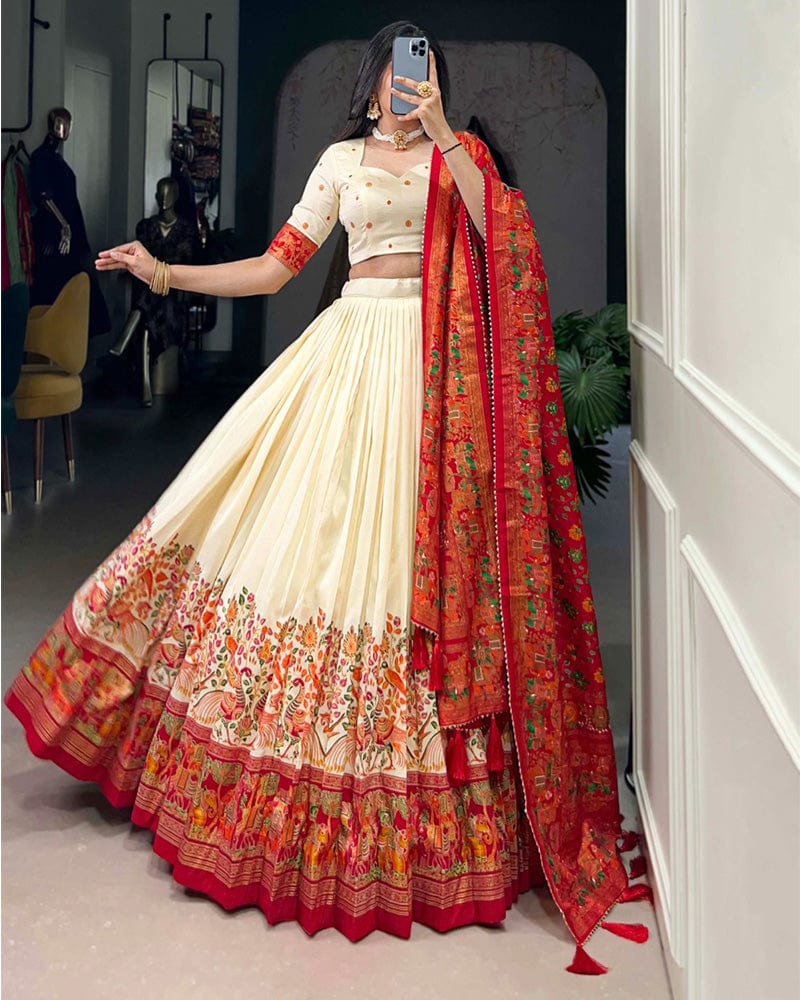 Off White Color Tussar Silk Printed With Foil Work Lehenga Choli