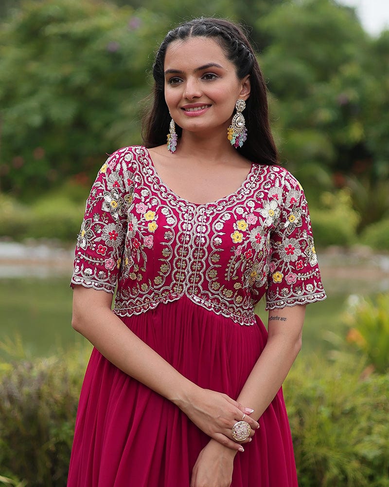 Rani Pink Color Faux Blooming Embroidered Gown