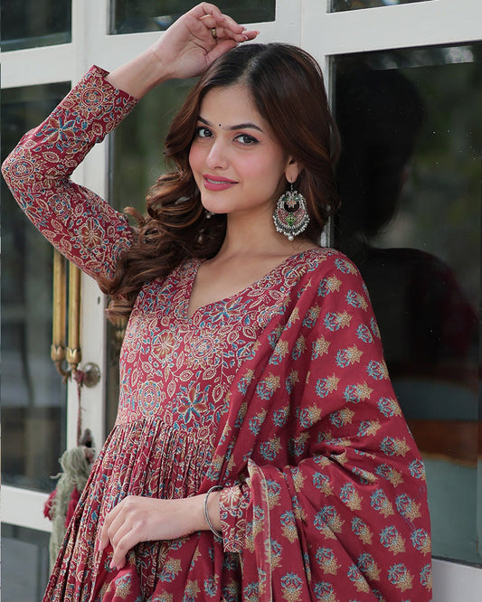 Premium Maroon Color Pure Cotton Kurti With Pant And Dupatta Set