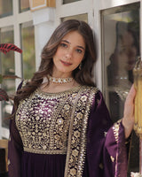 Wine Color Faux Blooming Embroidered Gown