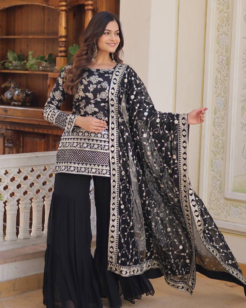 Black Color Three Piece Gharara Suit