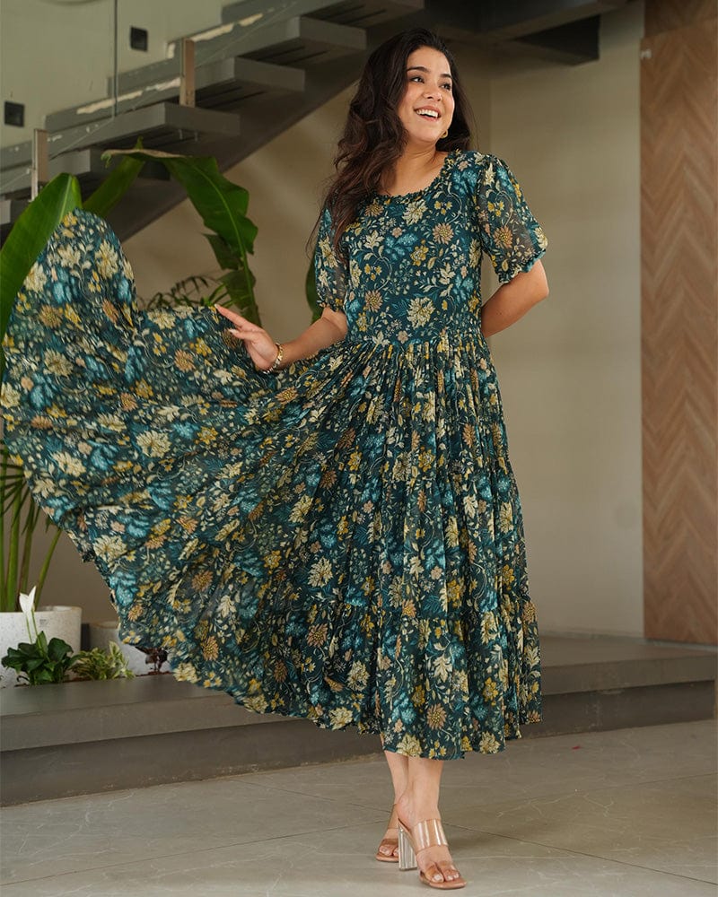 Green Color Georgette Floral Printed Tunic