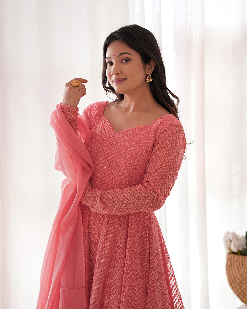 Dark Peach Color Georgette Lucknowi Three Piece Anarkali Suit