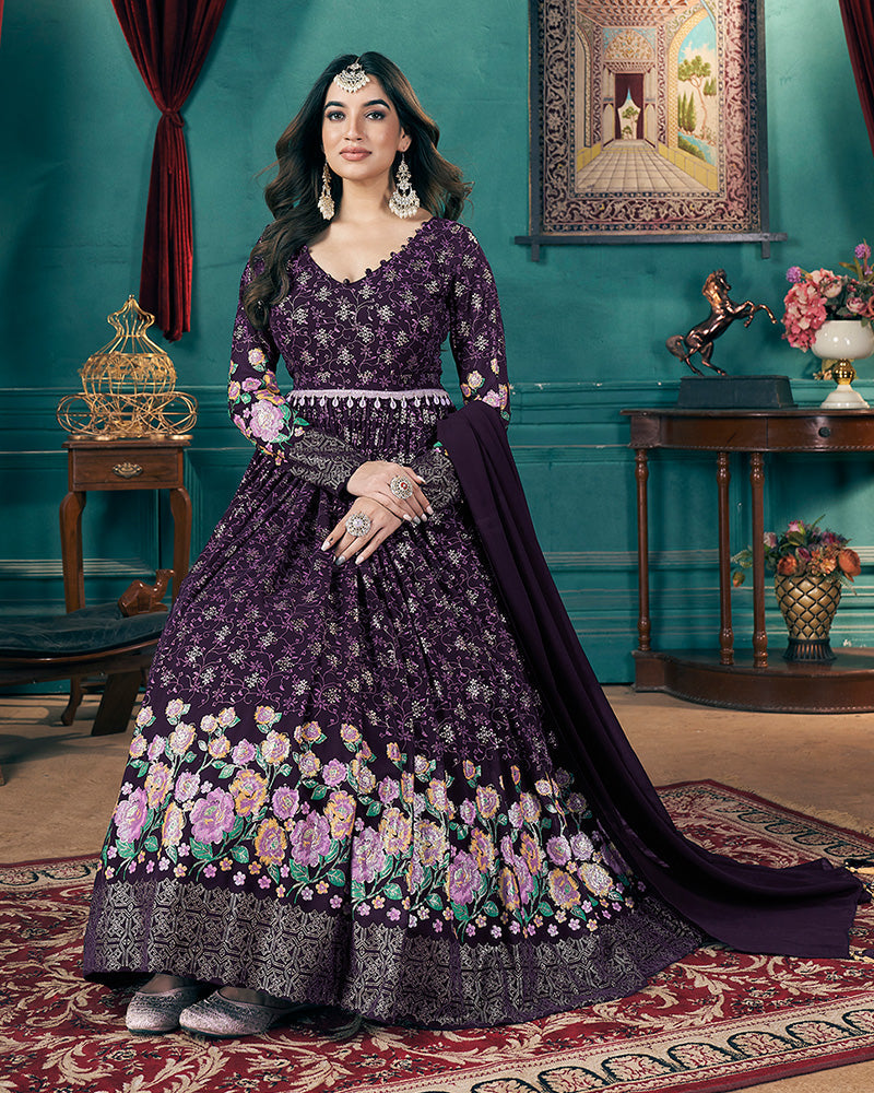 Purple Color Faux Georgette Metalic Foil Work Gown With Dupatta